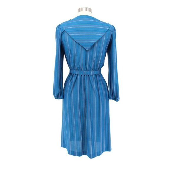 Vintage 90s SL Petites Blue Striped Chiffon Flap Collar Belted Dress Size 10 - Picture 4 of 6